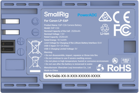 SmallRig 5406 Camera Battery USB-C Rechargable Canon LP-E6P [51]