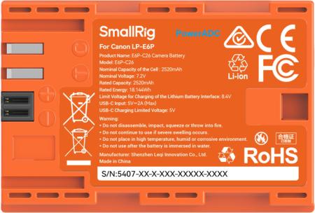 SmallRig 5407 Baterie tip Replace pentru Canon LP-E6P Orange [2]