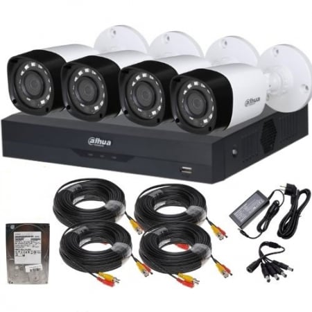 Sisteme supraveghere Analog - Kit supraveghere complet Dahua 4 camere 2MP IR 20m, DVR 4 canale 5MP WizSense inteligenta artificiala, accesorii, HDD 500GB