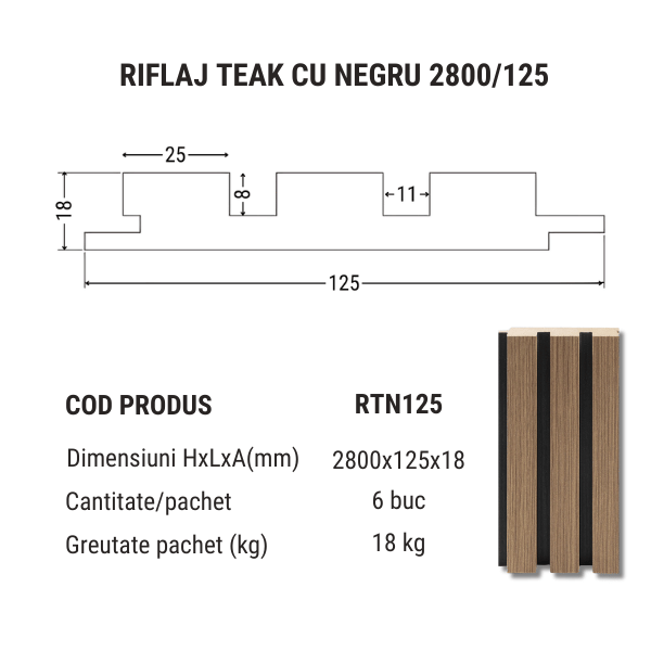 Riflaj Perete Teak cu Negru 125x2800 mm| Stil si Contrast [4]