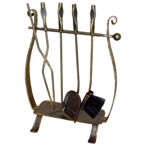 Seturi vatraie, cosuri lemne - Set vatrai semineu Lyre - fier forjat, auriu patinat, 4 accesorii