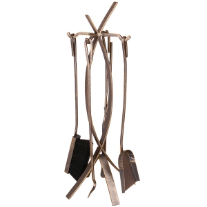 Seturi vatraie, cosuri lemne - Set vatrai semineu Wave - fier forjat, auriu patinat, 4 accesorii