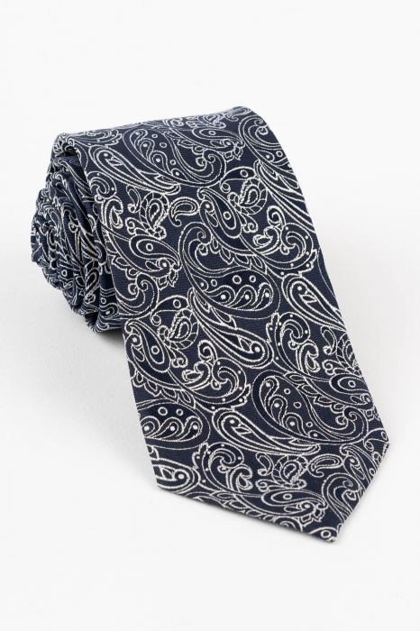Cravata din matase naturala bleumarin cu model paisley alb [1]