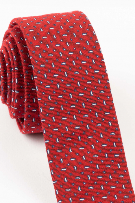 Cravata ingusta rosie cu motive geometrice bleumarin cu alb [2]