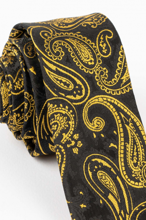 Cravata ingusta neagra cu model paisley galben [2]