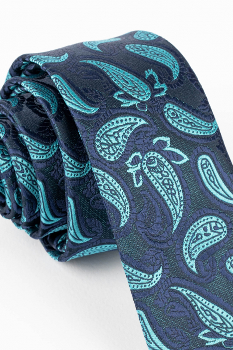 Cravata ingusta albastra cu imprimeu paisley turcoaz si bleumarin [2]