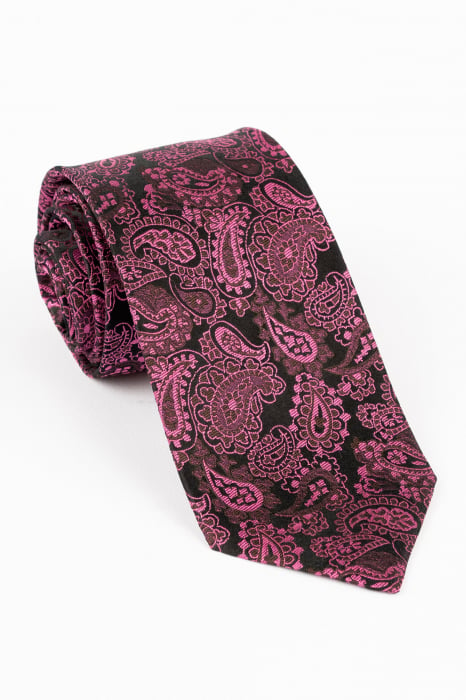 Cravata din matase naturala neagra cu imprimeu paisley roz [1]