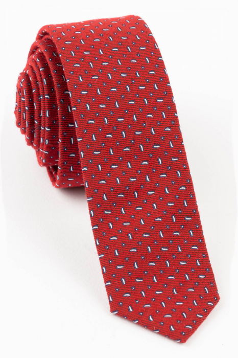 Cravata ingusta rosie cu motive geometrice bleumarin cu alb [1]