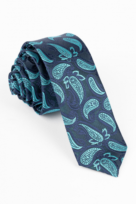 Cravata ingusta albastra cu imprimeu paisley turcoaz si bleumarin