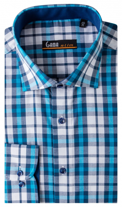 Camasa albastra slim fit cu carouri [2]