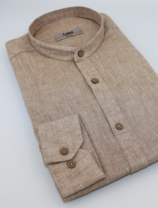 Camasa barbati casual regular fit bej din in cu guler tunica [3]