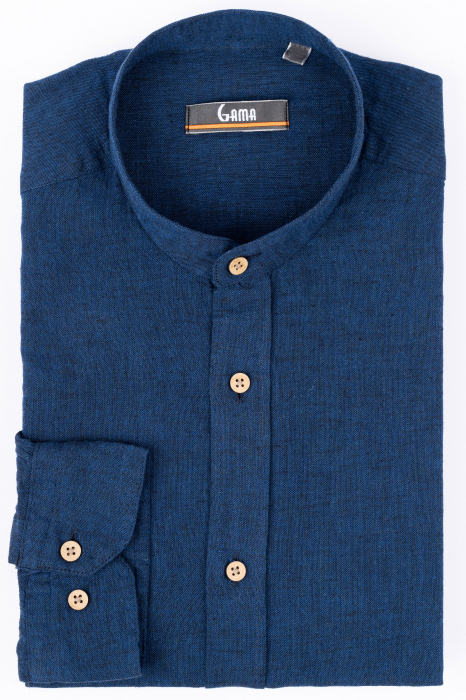 Camasa barbati casual regular navy din in cu guler tunica [2]