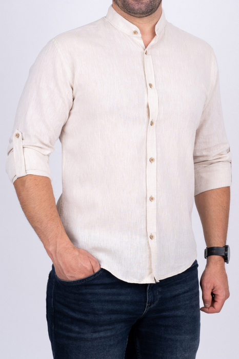 Camasa barbati casual slim bej din in cu guler tunica [2]