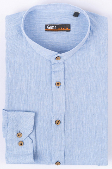 Camasa barbati casual slim bleu din in cu guler tunica [3]