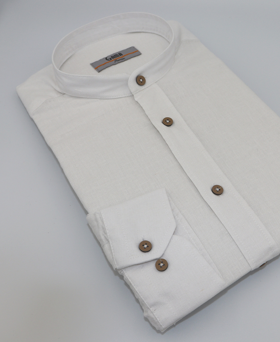 Camasa barbati casual slim fit alba din in cu guler tunica [4]