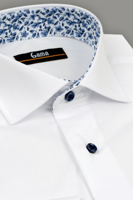 Camasa barbati regular fit alba cu insertie florala bleumarin la guler [3]