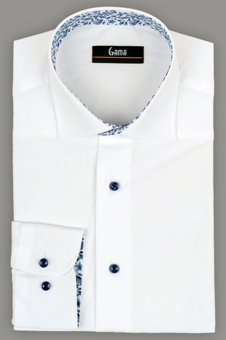 Camasa barbati regular fit alba cu insertie florala bleumarin la guler [1]