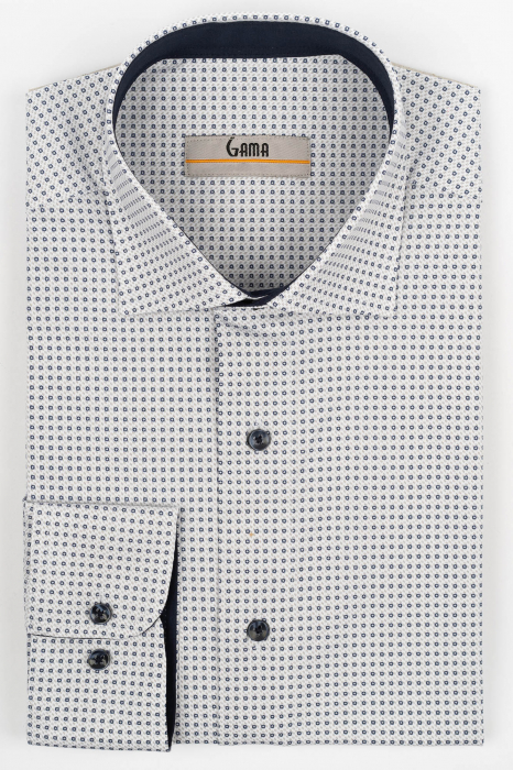 Camasa barbati regular fit alba cu insertie gri si imprimeu bleumarin PREMIUM [1]