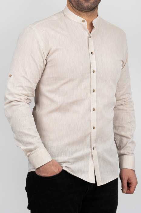 Camasa barbati slim fit bej din in PREMIUM - guler tunica [1]
