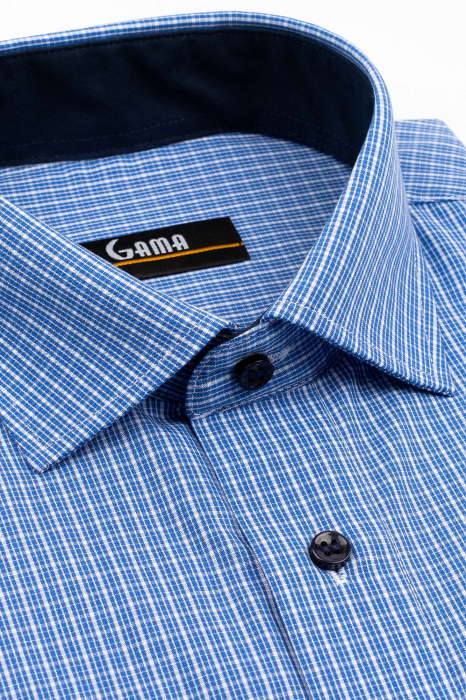 Camasa barbati regular fit albastra cu caro fin alb 2XL - 4XL [3]