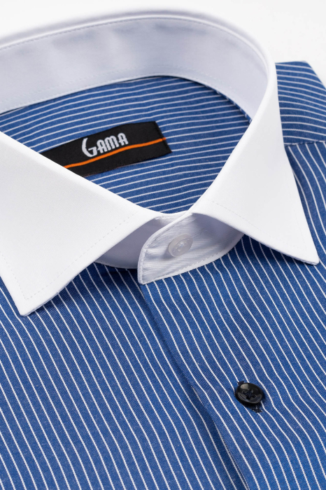 Camasa barbati regular fit albastra cu dungi fine albe [3]