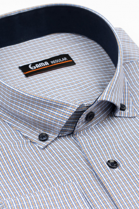 Camasa barbati regular fit alba cu carouri albastre si maro 2XL-3XL [3]