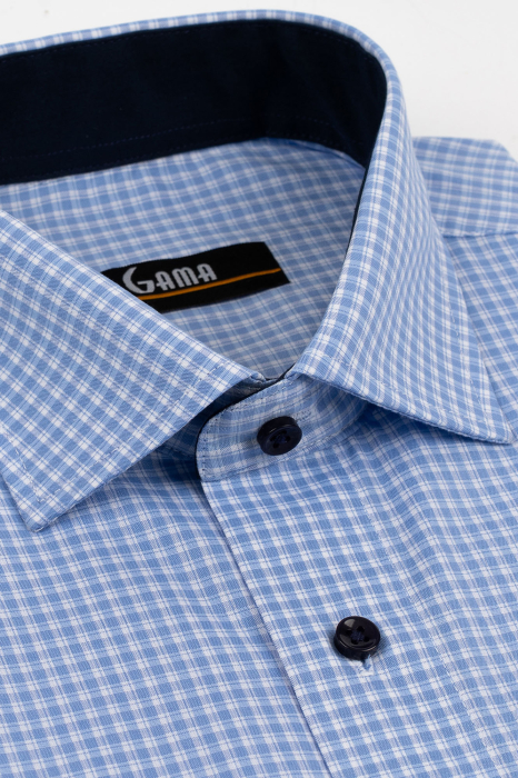 Camasa barbati regular fit bleu cu caro alb cu maneca scurta [2]