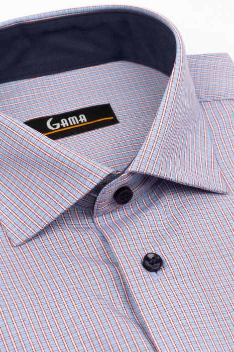 Camasa barbati regular fit bleu cu caro rosu si alb [3]