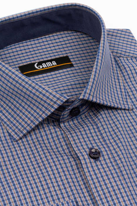 Camasa barbati slim fit bleumarin cu carouri maro si albe [3]