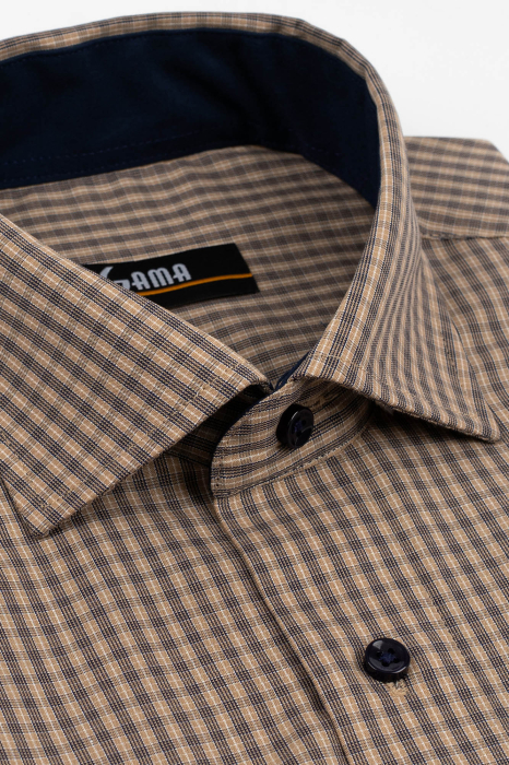 Camasa barbati regular fit cappuccino cu caro fin alb si bleumarin cu maneca scurta 2XL [2]