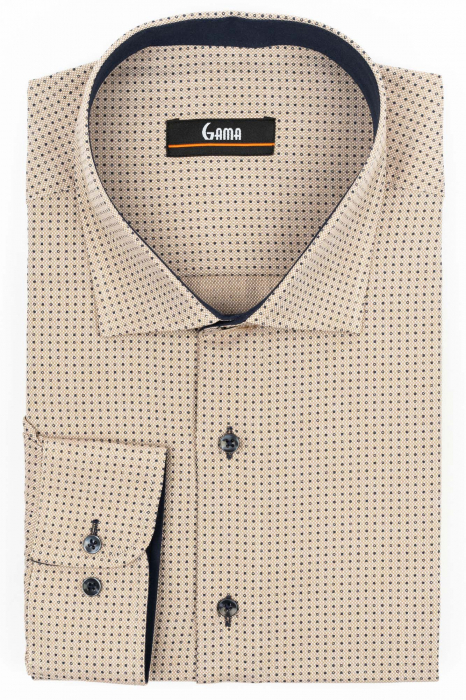 Camasa barbati regular fit cappuccino cu insertii albe si imprimeu bleumarin 5XL-6XL [1]