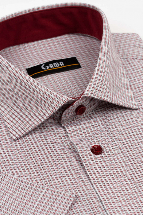 Camasa barbati regular fit cu maneca scurta alba cu caro rosu si negru [2]