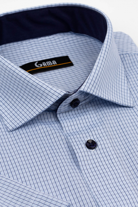 Camasa barbati regular fit cu maneca scurta bleu cu caro navy si alb [2]