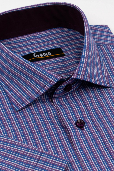 Camasa barbati regular fit cu maneca scurta albastra cu carouri mov si albe 2XL [2]