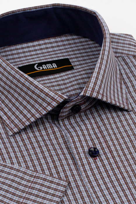 Camasa barbati regular fit cu maneca scurta maro cu carouri bleu - 2XL [2]