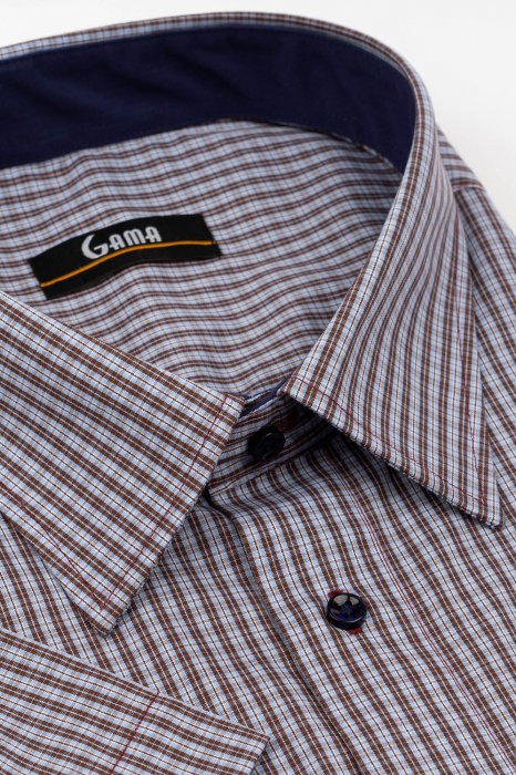 Camasa barbati regular fit cu maneca scurta maro cu carouri bleu 3XL - 4XL [2]