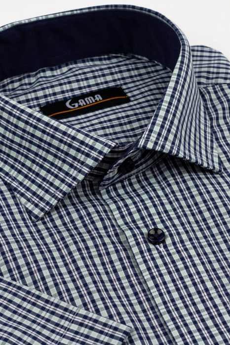 Camasa barbati regular fit cu maneca scurta verde deschis cu carouri bleumarin si albe [2]