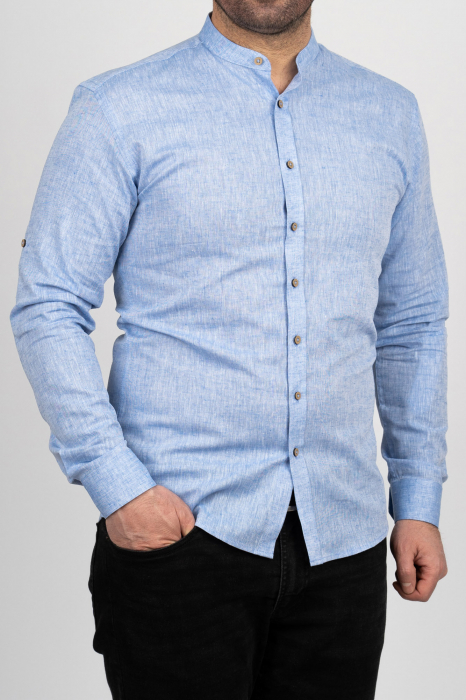 Camasa barbati regular fit albastra din in PREMIUM - guler tunica [1]