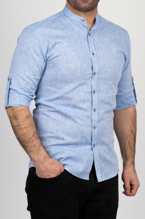 Camasa barbati slim fit albastra din in PREMIUM - guler tunica [2]