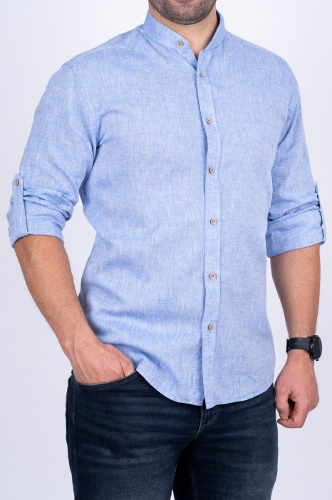 Camasa barbati casual regular albastra din in cu guler tunica [2]