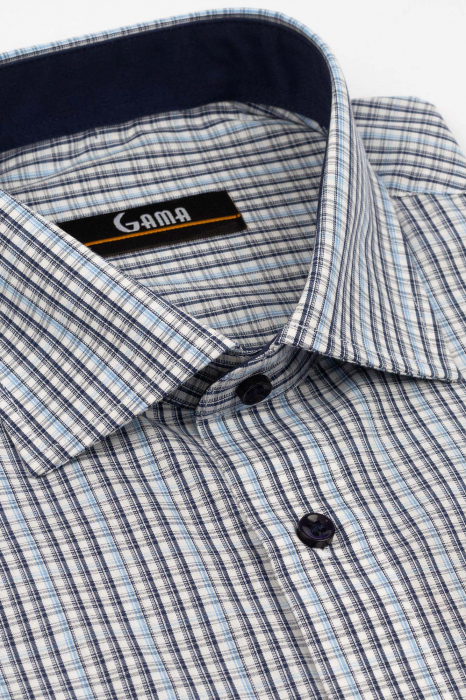 Camasa barbati slim fit alba cu carouri bleumarin si albastre [3]