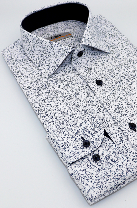 Camasa barbati slim fit alba cu imprimeu abstract bleumarin CONFORT [3]