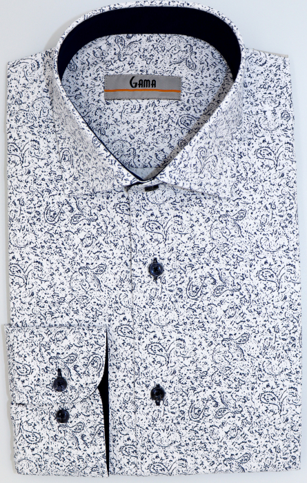 Camasa barbati slim fit alba cu imprimeu abstract bleumarin CONFORT [1]