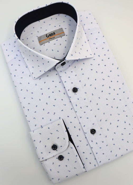 Camasa barbati slim fit alba cu insertie bleu si imprimeu albastru PREMIUM [3]