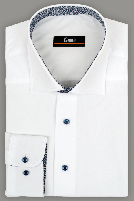 Camasa barbati slim  fit alba cu insertie bleumarin cu flori la guler [1]