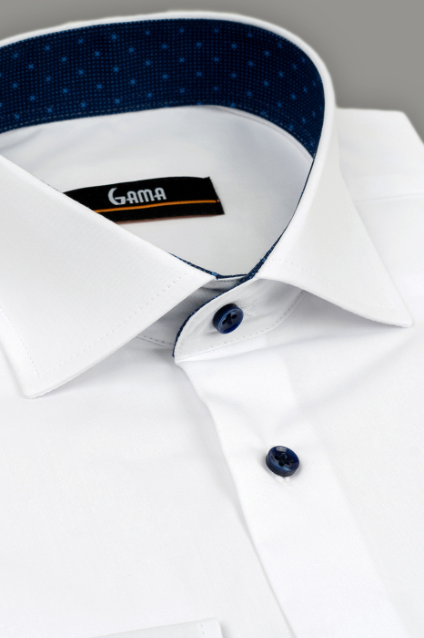 Camasa barbati regular fit alba cu insertie bleumarin la guler [3]