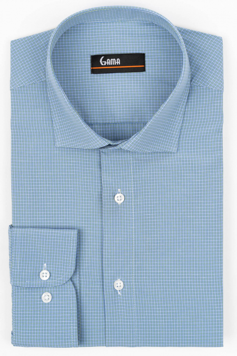 Camasa barbati slim fit albastra deschis cu carouri verzi si albe [1]