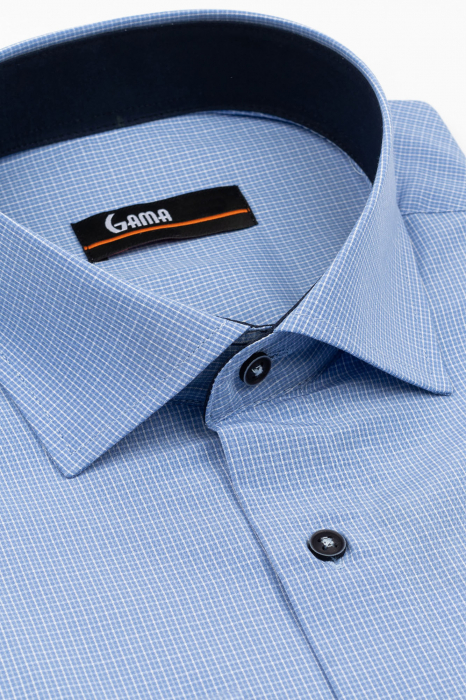 Camasa barbati slim fit albastra deschis cu carouri bleu si albe [3]