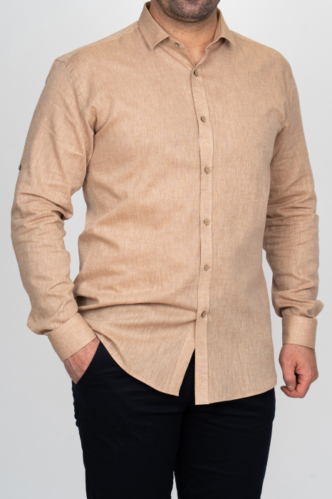Camasa barbati slim fit bej-inchis din in PREMIUM - guler clasic [2]