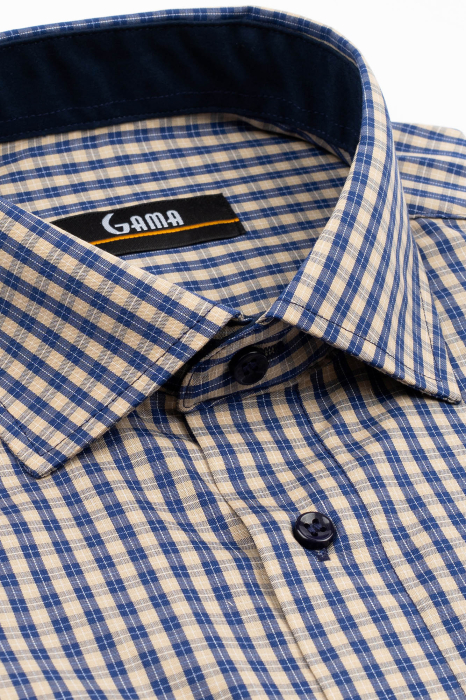 Camasa barbati slim fit cappuccino cu caro fin alb si bleumarin [3]